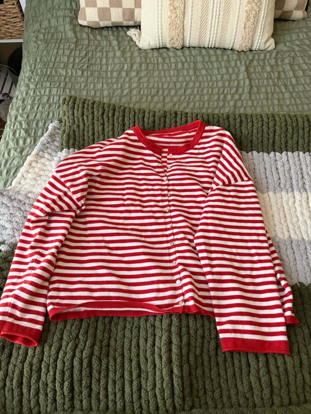 Red and White Striped Button-Front Cardigan